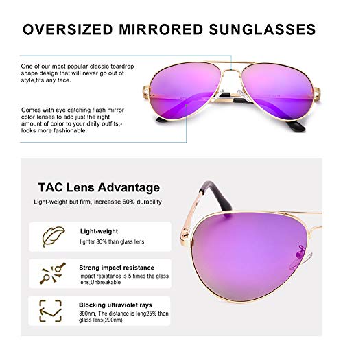 SODQW Gafas de Sol Polarizadas Mujer Espejo Marca Clásico Metal Marco 100% UVA/UVB Protección (Marco Dorado Lente Morado Violeta (Espejo))