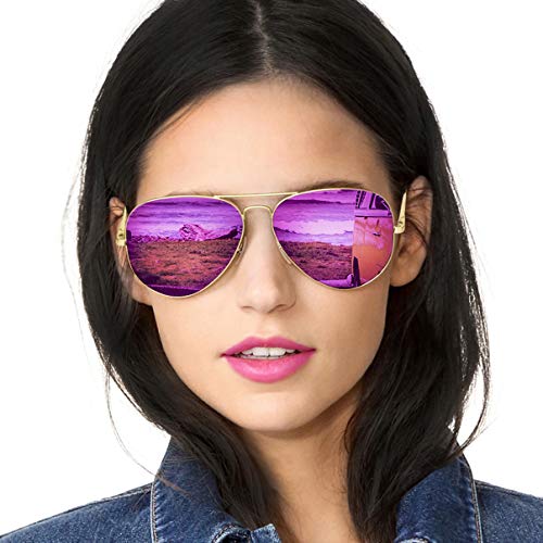 SODQW Gafas de Sol Polarizadas Mujer Espejo Marca Clásico Metal Marco 100% UVA/UVB Protección (Marco Dorado Lente Morado Violeta (Espejo))