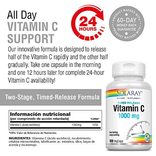 Solaray Vitamin C 1000mg | con Escaramujo y Acerola | Acción Retardada| Sin Gluten | Apto Para Veganos | 100 comprimidos