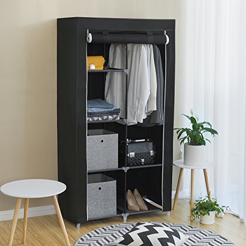 SONGMICS Armario de Tela, Organizador de Almacenamiento de Ropa con 2 Rieles Colgantes, 6 Estantes, Diseño Personalizable, 88 x 45 x 170 cm, para Dormitorio, Departamento, Negro RYG84H