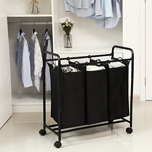 SONGMICS Carrito de Lavandería, Cesta de lavandería, Colector de Ropa con 3 Bolsas de Tela Extraíbles, Clasificador de Ropa, Robusto, 3 x 44 litros, Negro LSF003B