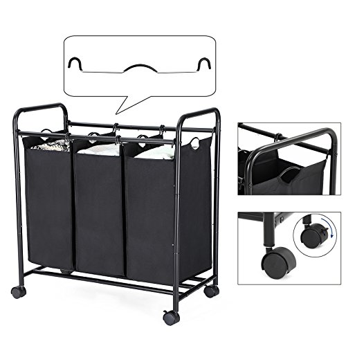 SONGMICS Carrito de Lavandería, Cesta de lavandería, Colector de Ropa con 3 Bolsas de Tela Extraíbles, Clasificador de Ropa, Robusto, 3 x 44 litros, Negro LSF003B