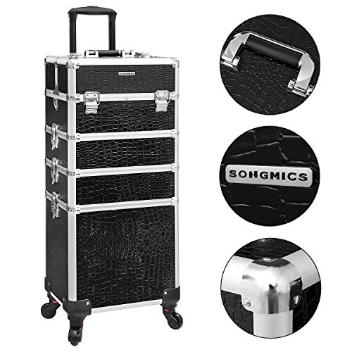 SONGMICS Maleta para Maquillaje, 7 en 1 Multiuso, Profesional, Tipo Trolley, Asa Telescópica, PU Cocodrilo, Extragrande, Negro, JHZ06B