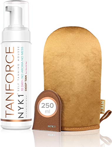 TanForce con MegaMitt de NYK1 - Mousse Autobronceador Invisible Inodoro PROFUNDO. Piel Dorada de Aspecto Bronceado Australiano en Solo Unas Horas. ¡El primer Bronceador Compatible con NOVIOS!