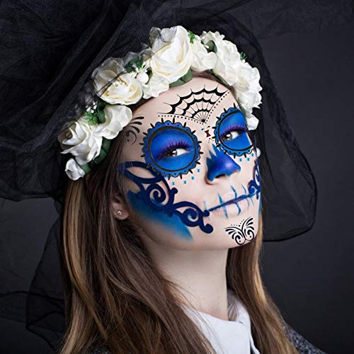 Tatuaje cara temporales Halloween ZERHOK 8pcs etiqueta Mascarada diseño cráneo con gemas cara mujer adhesivas para maquillaje en Halloween día de muerto y baile de disfraz para mujer hombre y niños