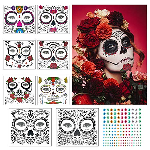 Tatuaje cara temporales Halloween ZERHOK 8pcs etiqueta Mascarada diseño cráneo con gemas cara mujer adhesivas para maquillaje en Halloween día de muerto y baile de disfraz para mujer hombre y niños