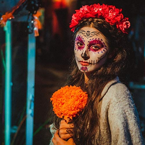 Tatuaje cara temporales Halloween ZERHOK 8pcs etiqueta Mascarada diseño cráneo con gemas cara mujer adhesivas para maquillaje en Halloween día de muerto y baile de disfraz para mujer hombre y niños