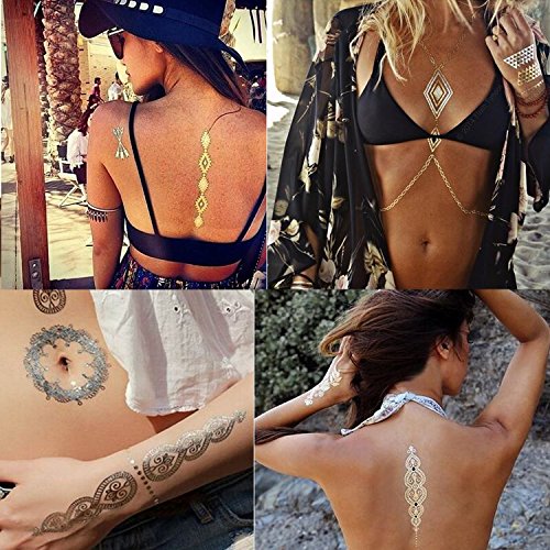 Tatuajes Dorados – Meersee 10 Hojas de Tatuajes Temporales Metálicos Adultos Brillante y ultra Resistente (Oro)