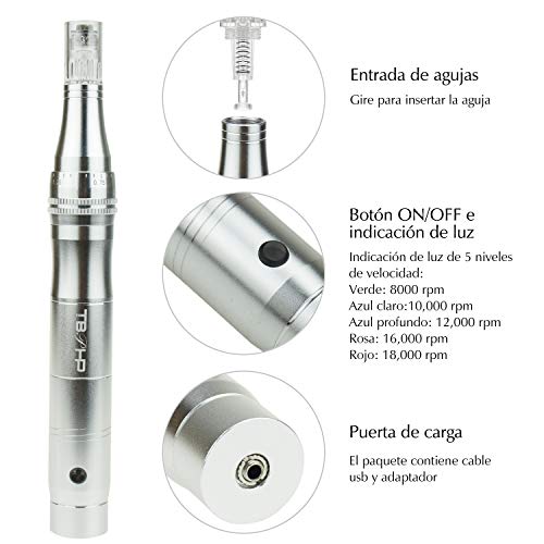 TBPHP Dermapen Eléctrico dermatológicamente Masaje Roller Micro agujas Pen 0.25 mm de Celulitis 2.0 mm anti-arrugas acné Cicatrices incl. 2 cabezales de aguja (ranura del tornillo)