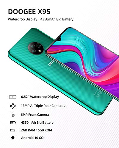 Teléfono Móvil Libres, DOOGEE X95 Android 10 Smartphone Libre 4G, Pantalla 6,52 Pulgadas, 4350mAh Batería, Smartphone Dual SIM, Triple Cámara 13MP+5MP, 16GB ROM, 128GB SD, Face ID - Verde