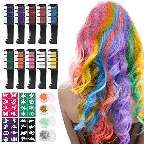 Tiza de Pelo, Nivlan 10 Colores Temporales de Cabello, Tinte para Cabello No Tóxico, Lavables Color, con Brillo de Tatuaje de Tiza Para Niños DIY Fiesta y Cosplay