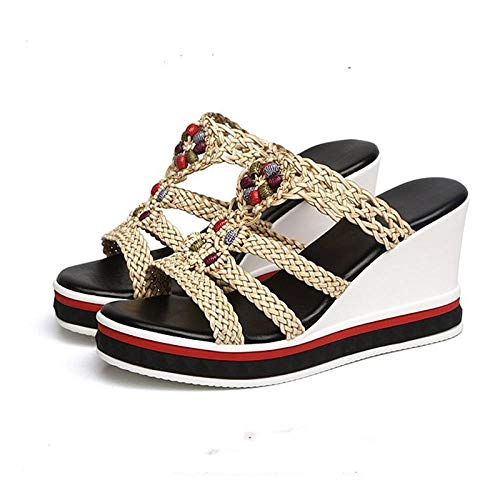 Top Chanclas Unisex para Adultos,Chanclas de tacón bajo,Sandalias Tejidas para Mujer,Zapatos de Playa-Beige_38,Zapatos de Playa y Piscina Unisex para Adultos