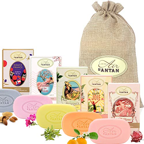 Un Air d'Antan® Set de Belleza Para Mujer de 5 Jabones Vintage con Aceites Orgánicos de Manteca de Argán y Karité, 5 Fragancias de Flor de Cerezo Verbena Rosa Almendra dulce lirio de los valles 500g