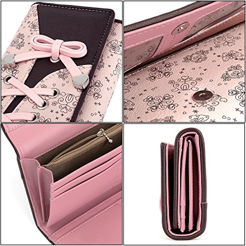 UTO Cartera RFID de Mujer Monedero Largo Moda Diseño Lazo Patrón Lindo Plegable con Bolsillo para Monedas Rosa