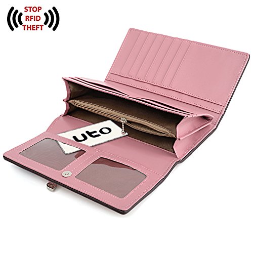 UTO Cartera RFID de Mujer Monedero Largo Moda Diseño Lazo Patrón Lindo Plegable con Bolsillo para Monedas Rosa