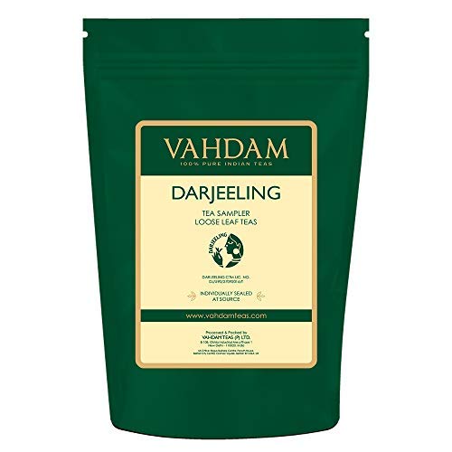 VAHDAM, Muestra de Té Darjeeling - 10 TEAS, 50 porciones | Hojas sueltas de té, Hoja suelta de té 100% puro sin mezclar Darjeeling | Darjeeling First Flush, Autumn Flush - Brew Hot o Iced, 100 g