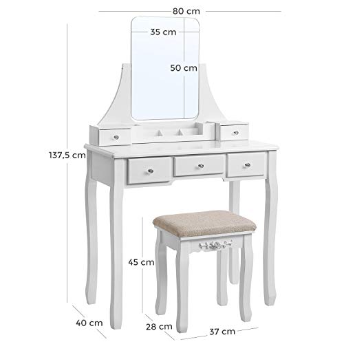 VASAGLE Tocador moderno, Mesa de Maquillaje en MDF y Pino, con Espejo sin Marco, con Caja Móvil, Taburete de Madera de Goma, 5 Cajones, para Dormitorio, Vestidor, Blanco RDT25WT