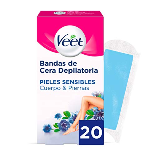 Veet Bandas de Cera Fria Depilatoria para Depilación de Cuerpo y Piernas con Aceite de Almendras, Easy Gelwax, Pieles Sensibles, 20 Bandas, Estándar