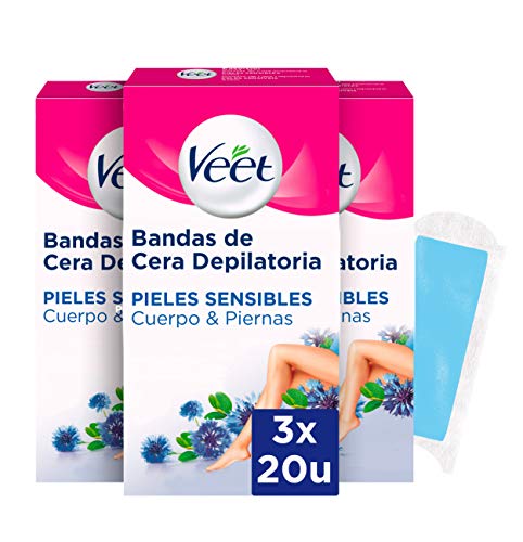 Veet Bandas de Cera Fria Depilatoria para Depilación de Cuerpo y Piernas con Aceite de Almendras, Easy Gelwax, Pieles Sensibles, 3 x 20 bandas, Total 60 Unidades