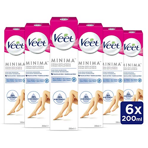 Veet Crema Depilatoria Corporal para Mujer con Aloe Vera y Vitamina E, Pieles sensibles, 6 x 200 ml, hasta 20 Semanas de Suavidad