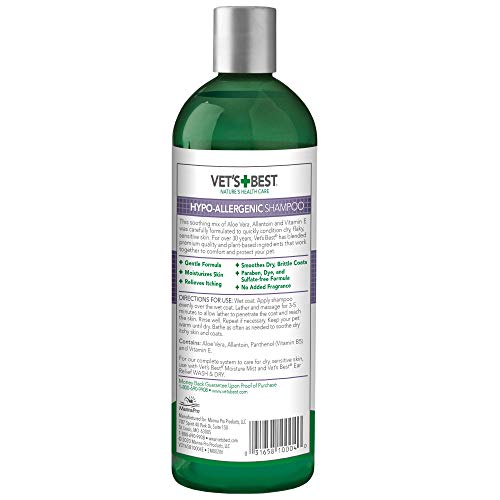 Vet's Best Champú HIPO-Alergénico para Perros con Piel Sensible, Alivia el Malestar de la Piel Seca, Picazón, Limpia, Hidrata y Condiciona la Piel y el Pelaje, 470ml