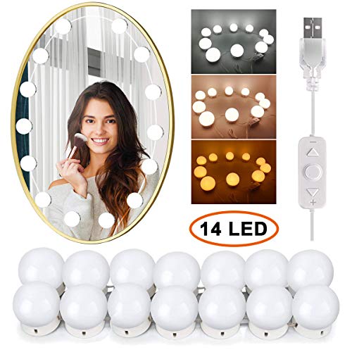 VictoperHollywood - Kit de luces LED para espejo de tocador con 14 bombillas regulables para maquillaje, tocador con 5 engranajes, regulador táctil de brillo ajustable y cable de alimentación USB