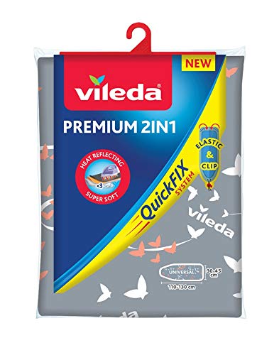 Vileda Premium 2 en 1 - Funda de planchar, tres capas, suave, encaja en cualquier tipo de tabla de entre 120-130 cm de largo y 38-45 cm de ancho, Color Gris y Blanco