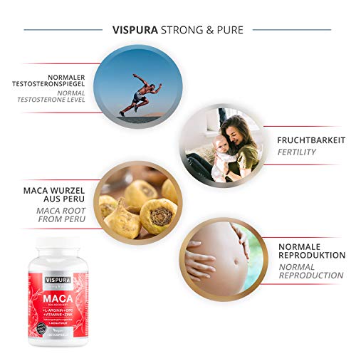 VISPURA® Maca Pura en Cápsulas, Altamente Concentrada con 5000 mg + L-Arginina + Vitamina B6, B12 + OPC + Zinc, 120 Cápsulas de Maca Andina para 1 Mes, sin Aditivos Innecesarios, Calidad Alemana