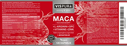 VISPURA® Maca Pura en Cápsulas, Altamente Concentrada con 5000 mg + L-Arginina + Vitamina B6, B12 + OPC + Zinc, 120 Cápsulas de Maca Andina para 1 Mes, sin Aditivos Innecesarios, Calidad Alemana