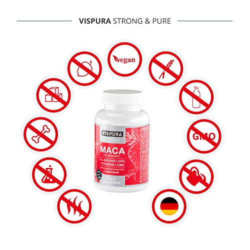 VISPURA® Maca Pura en Cápsulas, Altamente Concentrada con 5000 mg + L-Arginina + Vitamina B6, B12 + OPC + Zinc, 120 Cápsulas de Maca Andina para 1 Mes, sin Aditivos Innecesarios, Calidad Alemana