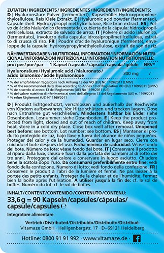 Vitamaze® Ácido Hialurónico Puro Capsulas, 300 mg Alto Concentrado por Capsula Vegano para 3 Meses, alta Biodisponibilidad, Tamaño Molecular de 500-700 kDa, Natural sin Aditivos Innecesarios