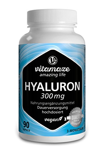 Vitamaze® Ácido Hialurónico Puro Capsulas, 300 mg Alto Concentrado por Capsula Vegano para 3 Meses, alta Biodisponibilidad, Tamaño Molecular de 500-700 kDa, Natural sin Aditivos Innecesarios