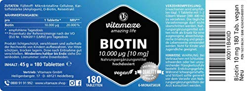 Vitamaze® Biotina 10000 mcg de Alta Dosis y Vegana, 180 Tabletas para 6 Meses, Vitamina B7, 10 mg de Biotina pura para la Piel y el Crecimiento del Cabello, Suplemento sin Aditivos Innecesarios