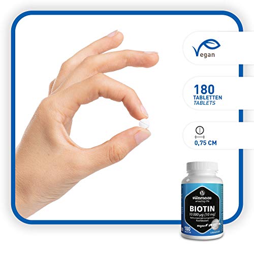 Vitamaze® Biotina 10000 mcg de Alta Dosis y Vegana, 180 Tabletas para 6 Meses, Vitamina B7, 10 mg de Biotina pura para la Piel y el Crecimiento del Cabello, Suplemento sin Aditivos Innecesarios