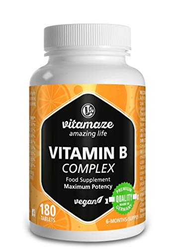 Vitamaze® Vitamina B Complex con 180 Tabletas Veganas de Dosis Alta del para 6 Meses de Suministro B1, B2, B3, B5, B6, B7, B9, B12, Organica Suplemento sin Aditivos Innecesarios, Calidad Alemana