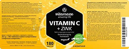 Vitamaze® Vitamina C 1000 mg + Zinc, 180 Comprimidos Vegana para 6 Meses, Reducen Fatiga y Fortalecen el Sistema Inmunológico, Natural Pura Suplemento sin Aditivos Innecesarios, Calidad Alemana