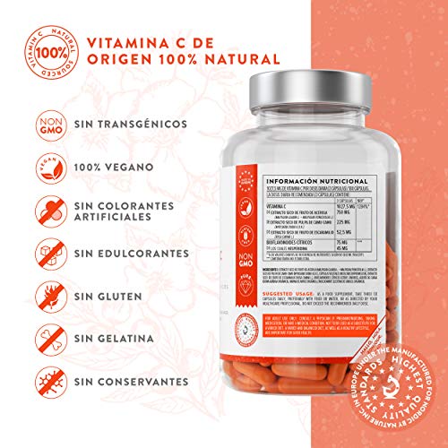 Vitamina C Pura Altamente Concentrada - Más de 1000 mg por Dosis Diaria [1027 mg] - 180 Cápsulas - Con Flavonoides de Fruta Cítrica, Camu Camu y Acerola - Complemento Alimenticio 100% Vegano