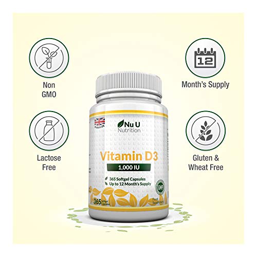 Vitamina D3 365 Cápsulas Blandas (Suministro para Todo el Año) Suplemento de Vitamina D3 de 1000 UI, Colecalciferol de Alta Absorción por Nu U Nutrition