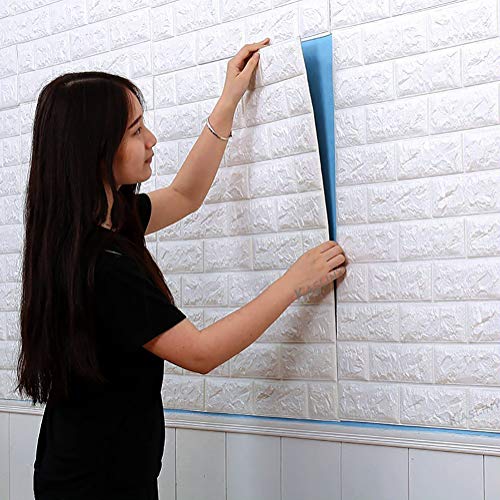 WANWEITONG 3D Papel Tapiz de Ladrillo, Auto Adhesivo Pegatinas de Pared de Ladrillo de Imitación, DIY Wall Stickers Moderno Decorativo para Hogar Cocina Salón Moderna TV Decor (12 Piezas, Blanco)