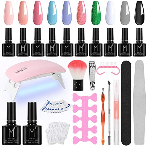 Winload Kit Uñas Semipermanentes, 10 Colores Esmalte Semipermanente en Gel 10ml, Lámpara UV LED para Uñas 6W, Soak Off Base y Top Coat, 50 Pcs Removedor de Uñas, Herramiento para Manicura Pedicura