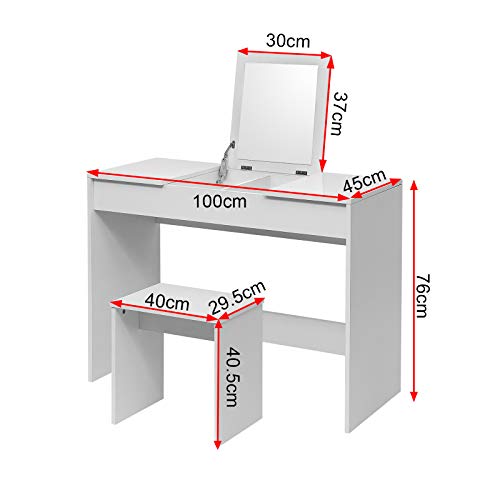 WOLTU Tocador de Maquillaje Tocador Mesa Cosmética con Taburete Tocador de Maquillaje con Espejo Plegable 100 X 45 X 76cm Blanco MB6047ws