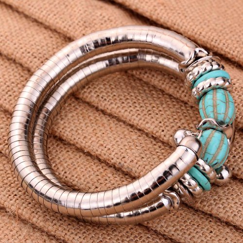 YAZILIND Joyería de la Vendimia de Plata tibetana Twisted 2 Layer Ajustable Rimous Verde Turquesa Brazo Brazalete Pulsera para la Mujer