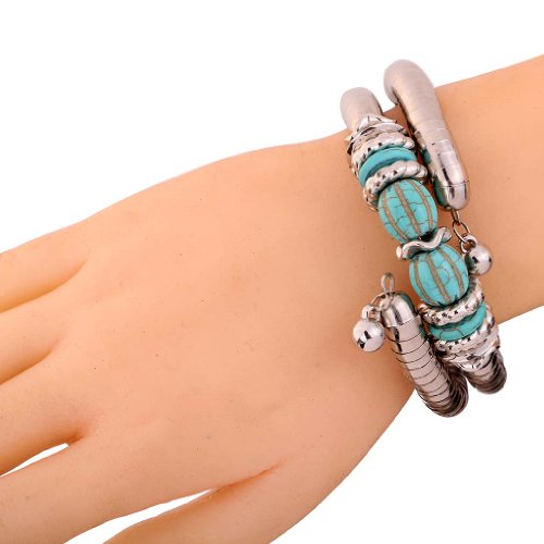 YAZILIND Joyería de la Vendimia de Plata tibetana Twisted 2 Layer Ajustable Rimous Verde Turquesa Brazo Brazalete Pulsera para la Mujer