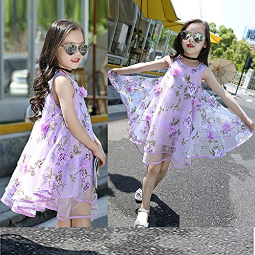 YWLINK Vestido NiñA,Verano Sin Mangas Vestido De La Flor del Chaleco del Fleco del Organza De Las Flores 3D,Vestido De La Princesa De La Boda Fiesta Regalo De CumpleañOs(Púrpura,6-7 años/130)