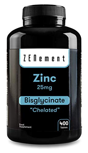 Zinc 25 mg (Bisglicinato), CHELADO, 400 Comprimidos | Antioxidante, ayuda al sistema inmunológico, piel, cabello y vista | Vegano | de Zenement