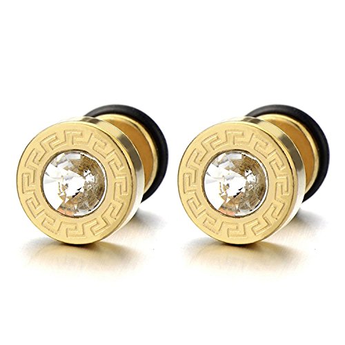 10MM Modelo Dominante Griego Oro Pendientes de Hombre, Aretes, Acero Inoxidable, con 4MM Circonita, 2 piezas