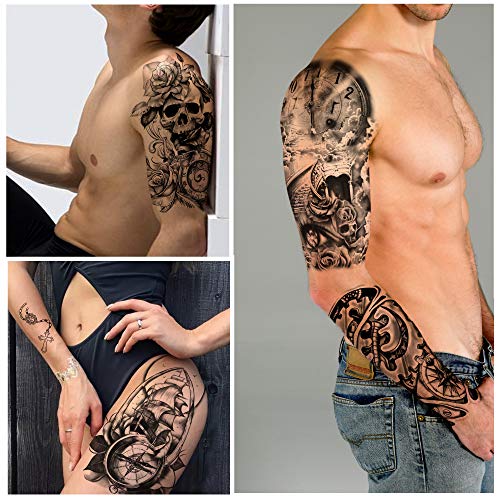 36 hojas de pegatinas de tatuajes temporales, 12 hojas de tatuajes falsos de cuerpo, brazo, pecho, hombro, tatuajes para hombres o mujeres con 24 hojas de tatuajes temporales negros diminutos.