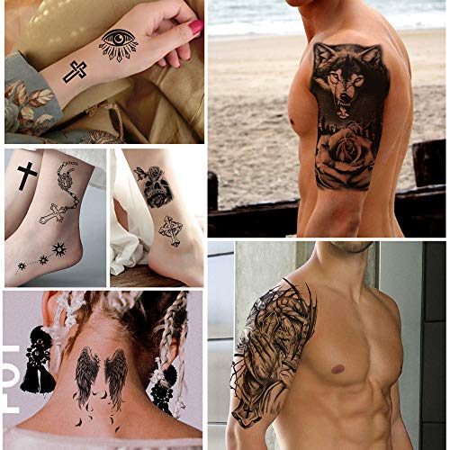 36 hojas de pegatinas de tatuajes temporales, 12 hojas de tatuajes falsos de cuerpo, brazo, pecho, hombro, tatuajes para hombres o mujeres con 24 hojas de tatuajes temporales negros diminutos.