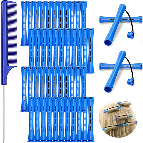 48 Varillas de Permanente de Pelo, Varillas de Onda Fría de 0,35 pulgadas/ 0,9 cm Rulos Barras de Permanente de Plástico Rizadores de Cabello con Peine de Cola de Rata de Acero para Peluquería, Azul