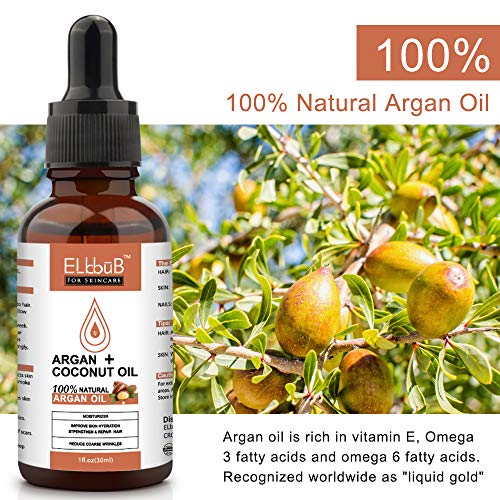 Aceite Argán+Aceite de Coco – Aceite Argán Natural de Árboles de Argán Marroquíes para Pureza Máxima Aceite Orgánico Puro - Cuidado Hidratante Antiarrugas para Piel, Pelo y Uñas